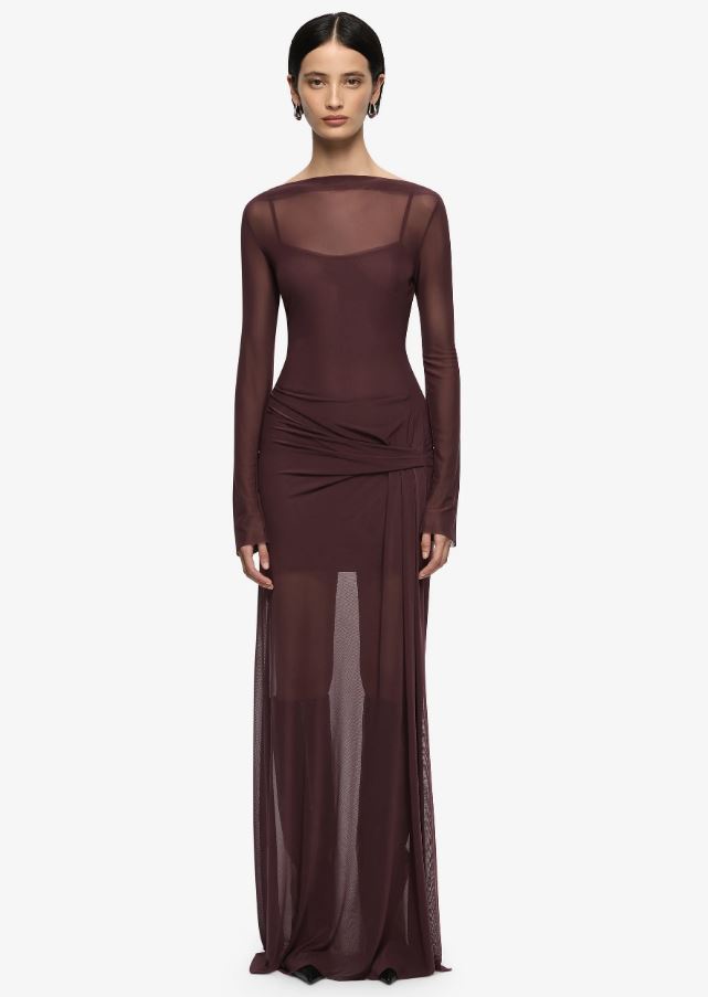 Bec and Bridge Marabou Long Sleeve Maxi Dress in Aubergine – That Dress Hire