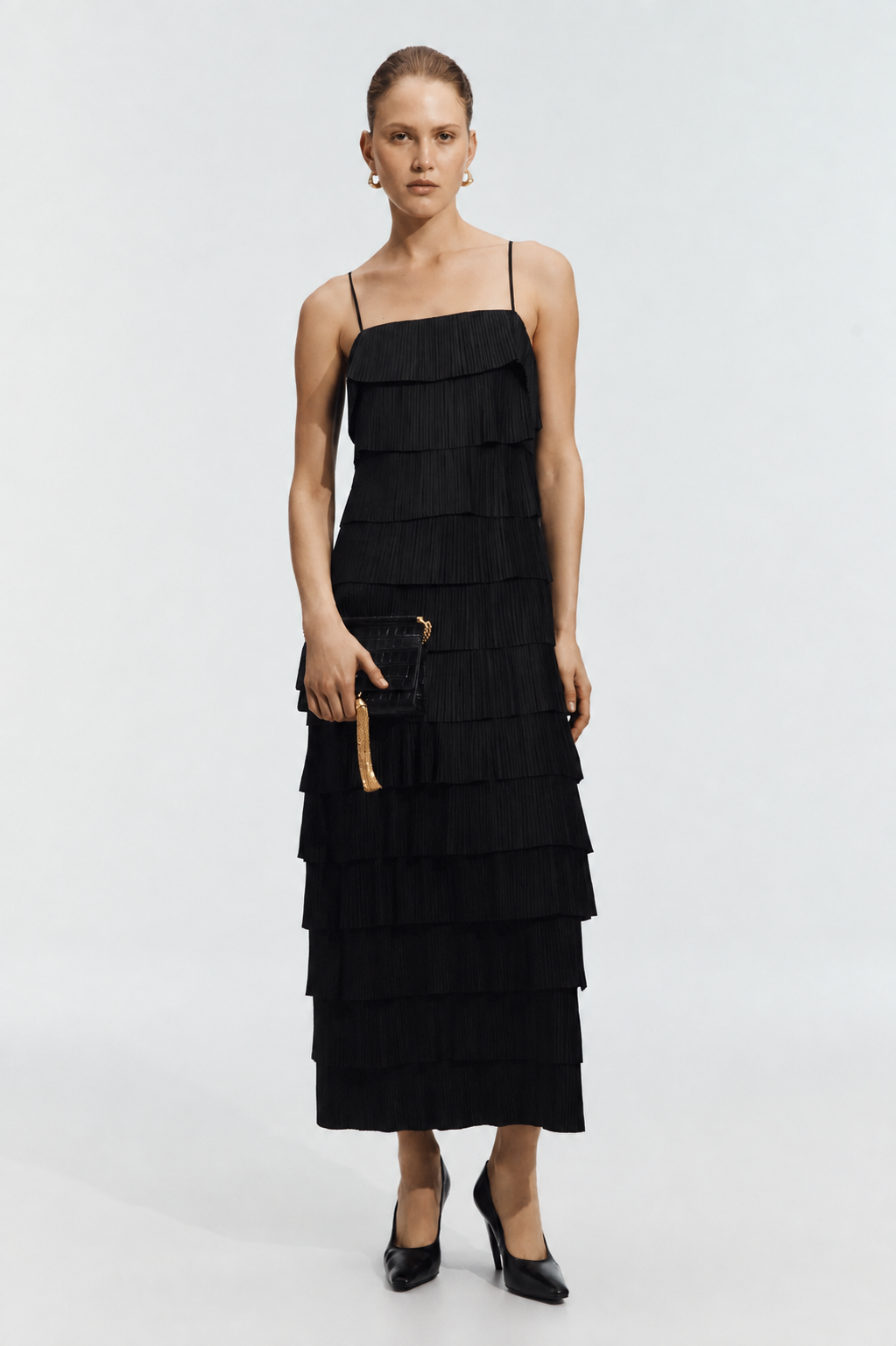 Aje Shade Pleated Midi Dress in Black Front View