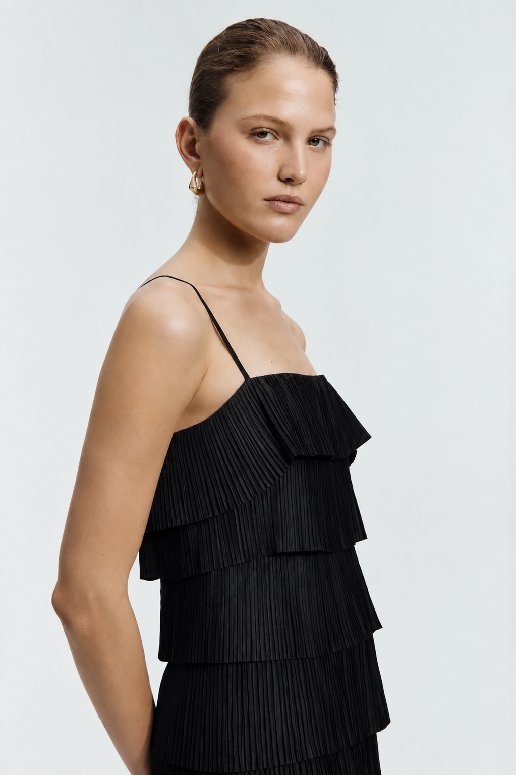 Aje Shade Pleated Midi Dress in Black Close Up