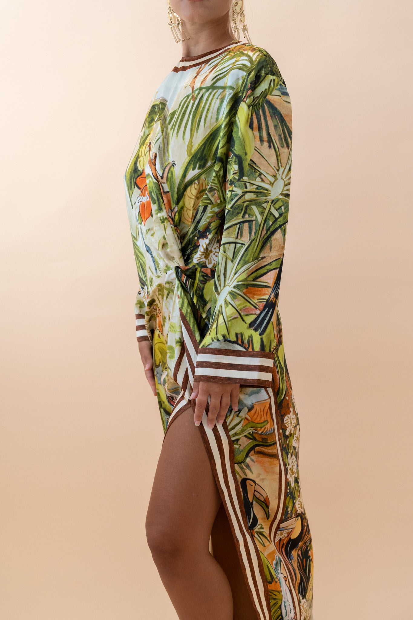 Alemais Toucan Tango Silk Midi Dress Side View Close Up