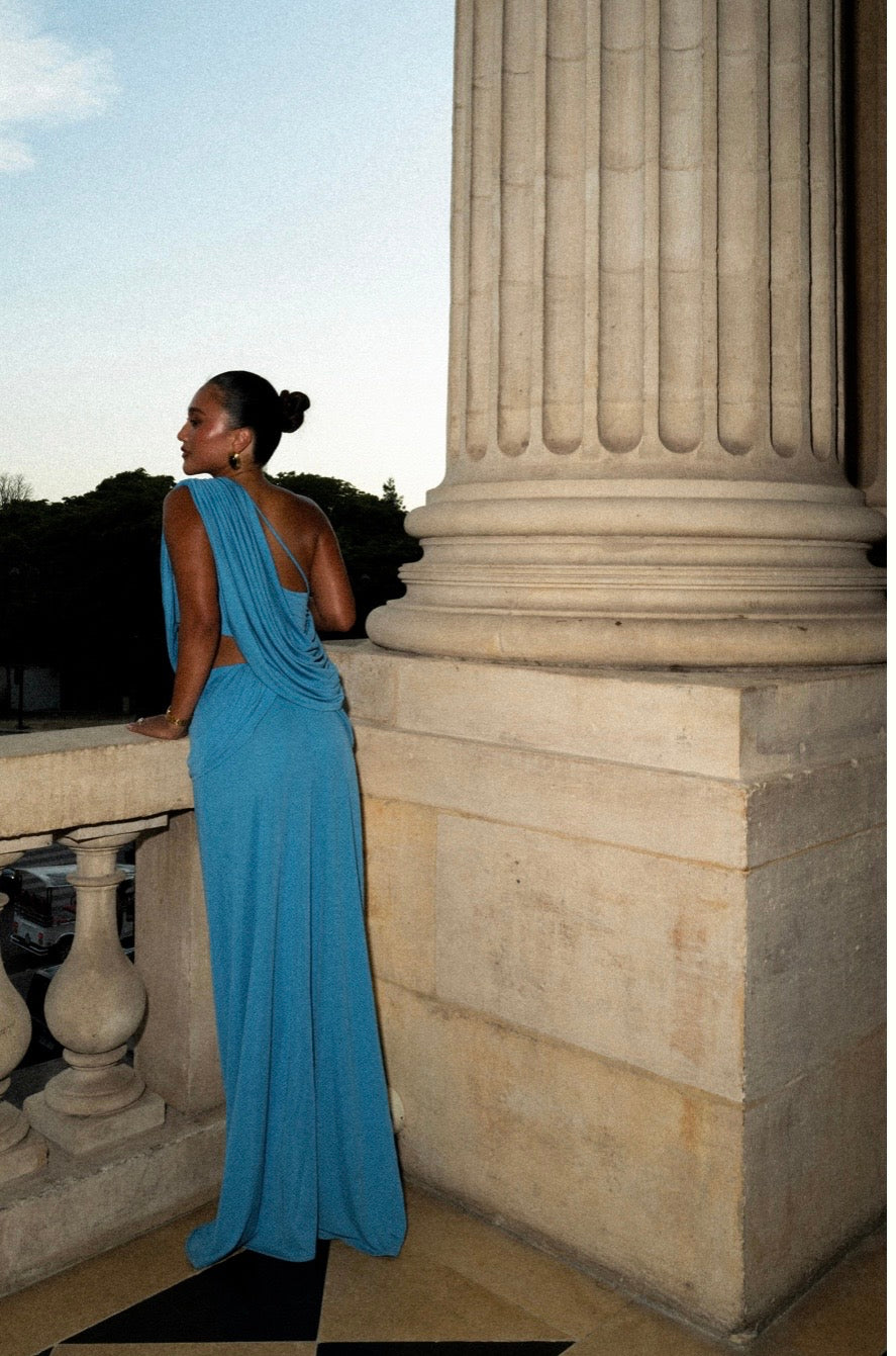 Arcina Ori Chiara Set in Dusty Blue Modelled on Balcony