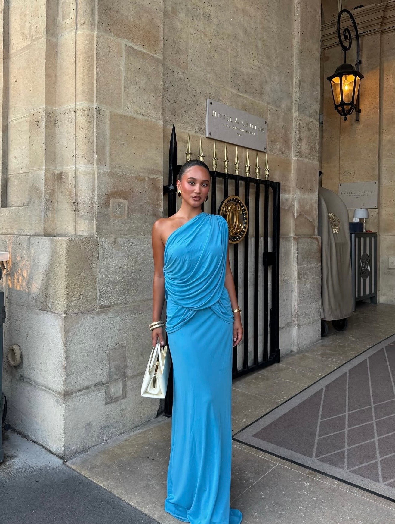 Arcina Ori Chiara Set in Dusty Blue Modelled Outdoors