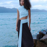 Bec and Bridge Conni Asym Midi Dress in Arctic Blue and Dark Chocolate