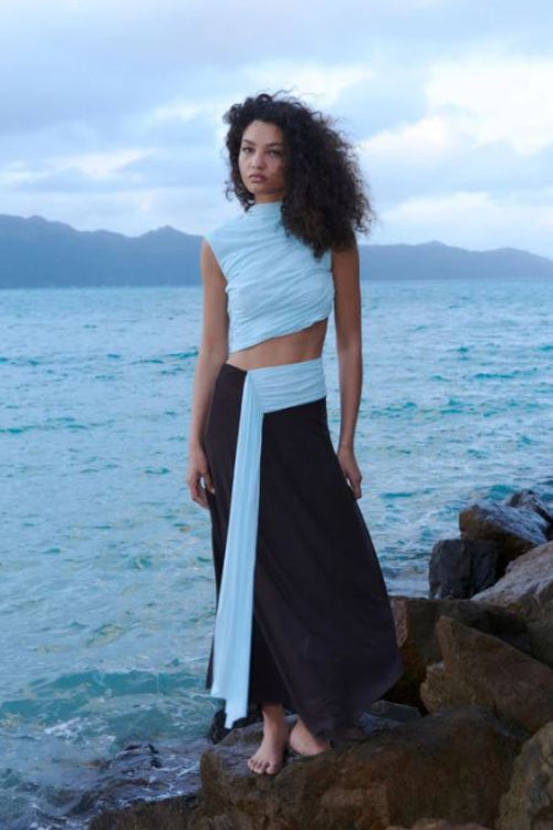Bec and Bridge Conni Asym Midi Dress in Arctic Blue and Dark Chocolate