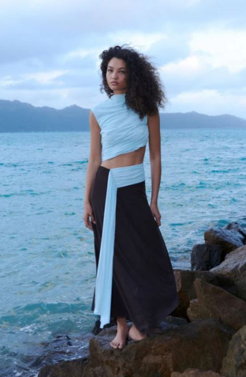 Bec and Bridge Conni Asym Midi Dress in Arctic Blue and Dark Chocolate