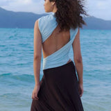 Bec and Bridge Conni Asym Midi Dress in Arctic Blue and Dark Chocolate