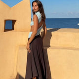 Bec and Bridge Conni Asym Midi Dress in Arctic Blue and Dark Chocolate