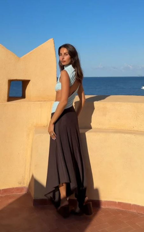 Bec and Bridge Mirabelle Cowl Maxi Dress in Dark Chocolate Side View