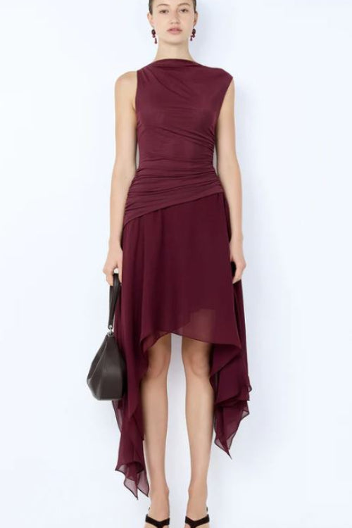 Bec and Bridge Nico Asym Midi Dress in Blackberry Front View
