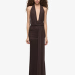 Bec and Bridge Cassis Drape Maxi Dress in Dark Chocolate Front View