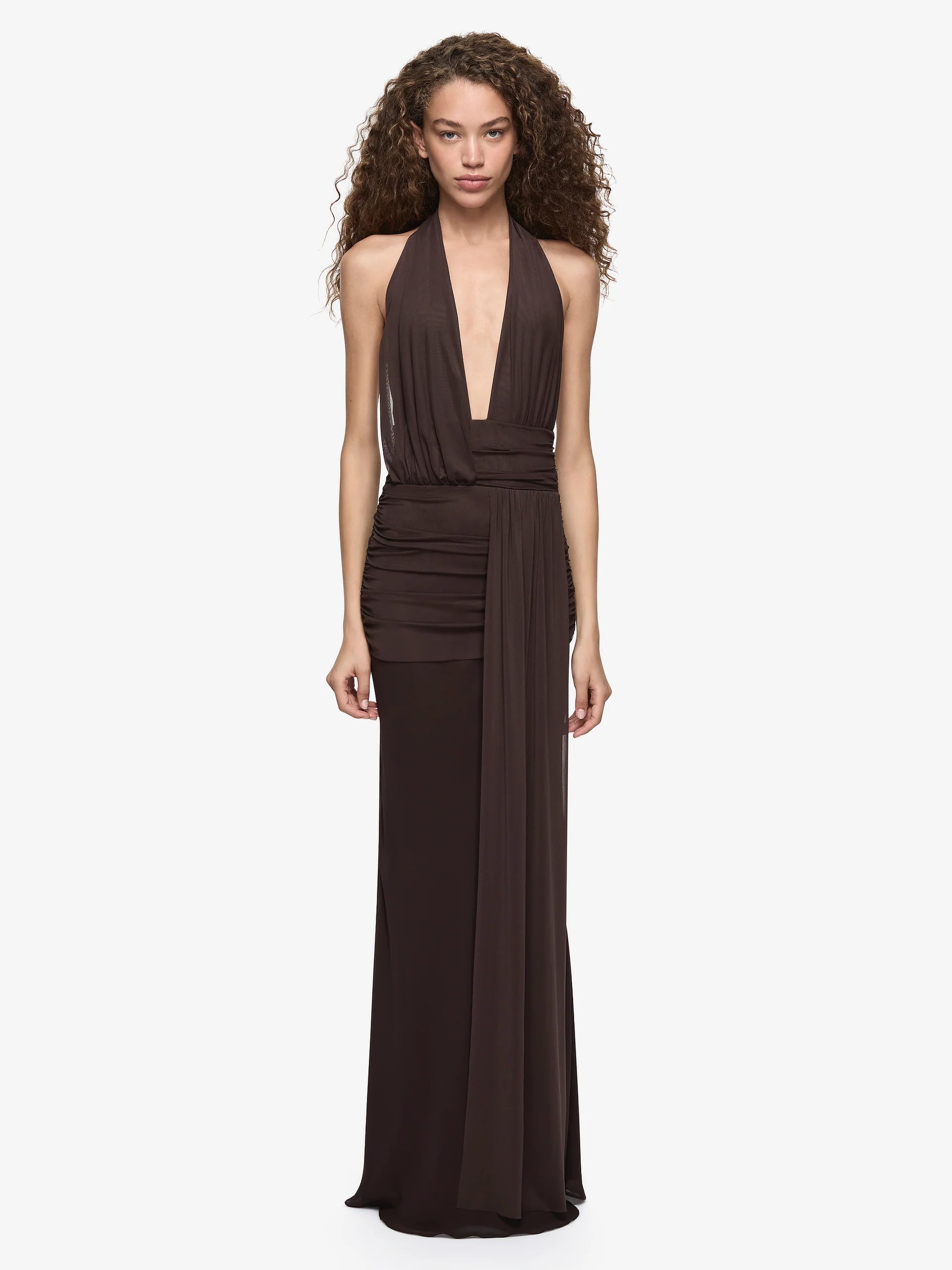 Bec and Bridge Cassis Drape Maxi Dress in Dark Chocolate Front View