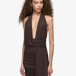 Bec and Bridge Cassis Drape Maxi Dress in Dark Chocolate Front View