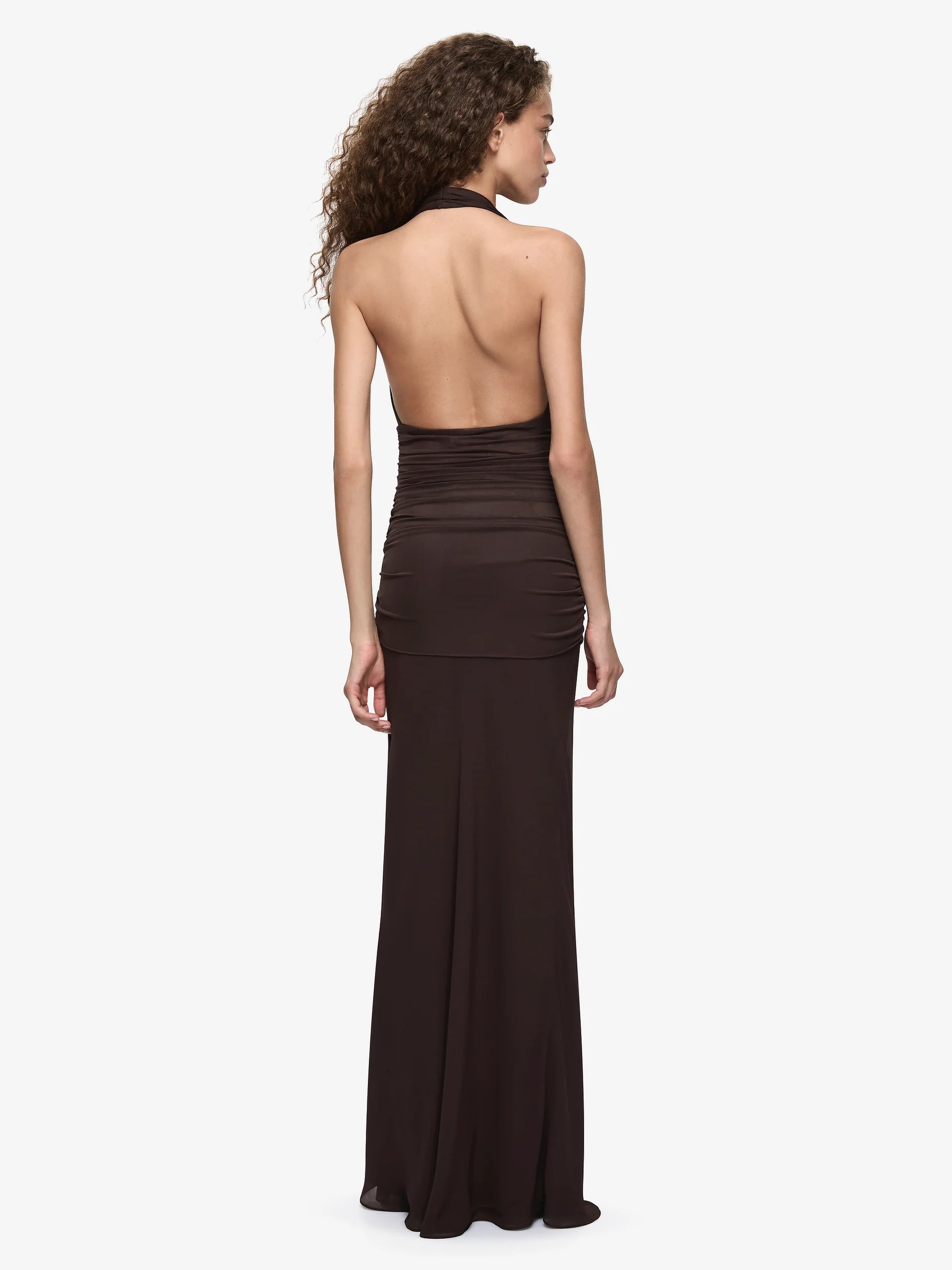 Bec and Bridge Cassis Drape Maxi Dress in Dark Chocolate Back View