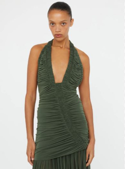 Christopher Esber Orion Gown in Bottle Green Close Up