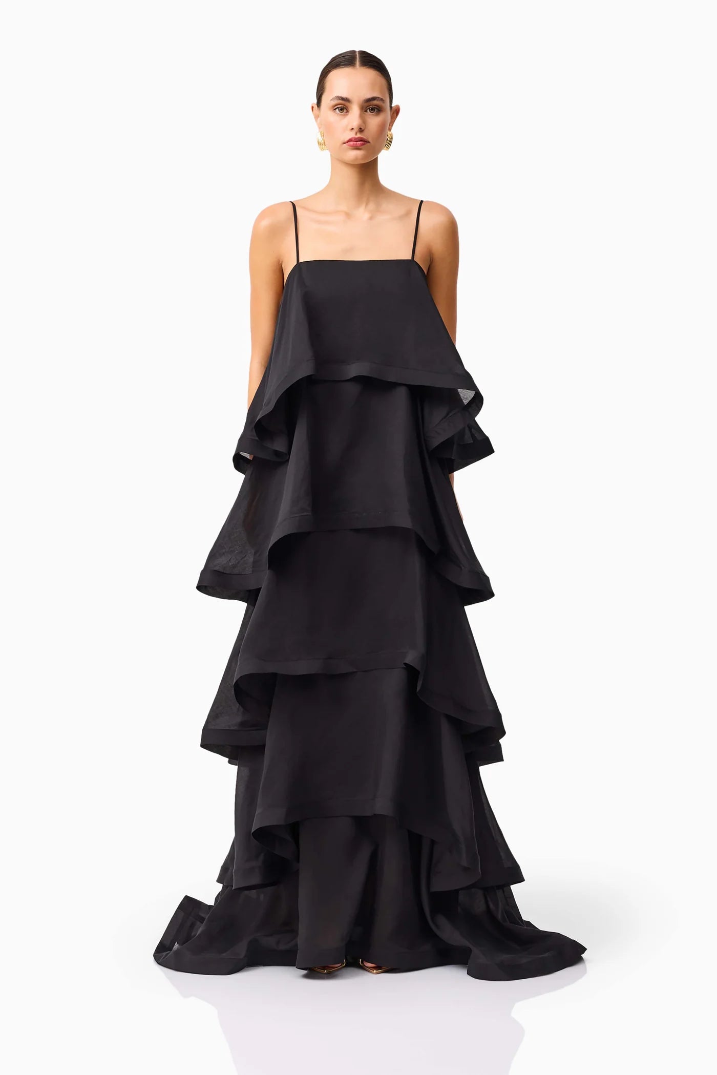 Elliatt Tilly 5 Tiered Maxi Dress in Black Front View