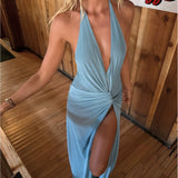 Bec and Bridge Xanthi V Neck Maxi Dress in Bermuda Blue