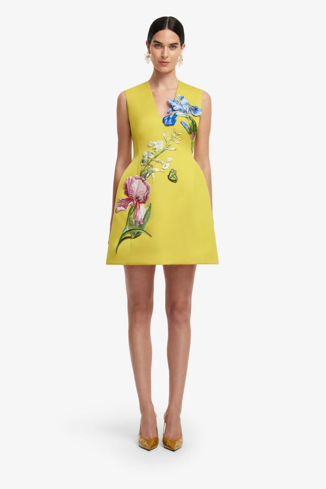 Leo Lin Bree V Neck Embroidery Mini Dress in Mustard Front View