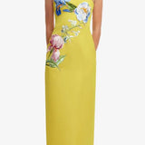 Leo Lin Rayna Applique Floral Bustier Midi Dress in Mustard