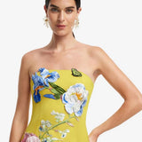 Leo Lin Rayna Applique Floral Bustier Midi Dress in Mustard