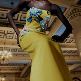 Leo Lin Rayna Applique Floral Bustier Midi Dress in Mustard