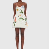Leo Lin Rosario Velvet Mini Dress Botanical Print in Snow