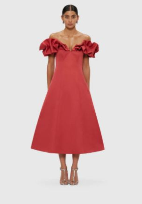 Leo Lin Annie Off Shoulder Frilled Midi Dress in Mulberry