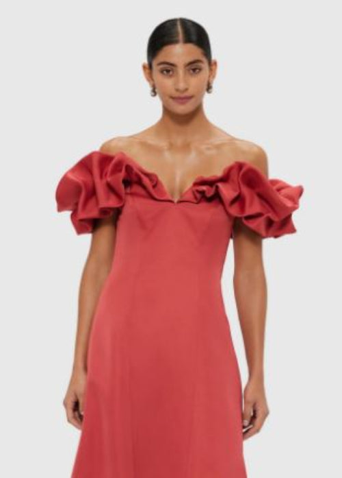 Leo Lin Annie Off Shoulder Frilled Midi Dress in Mulberry Close Up