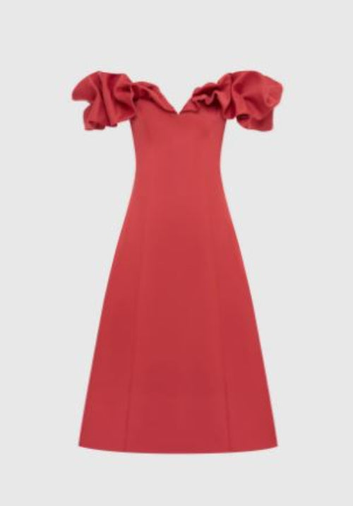 Leo Lin Annie Off Shoulder Frilled Midi Dress in Mulberry Unmodelled