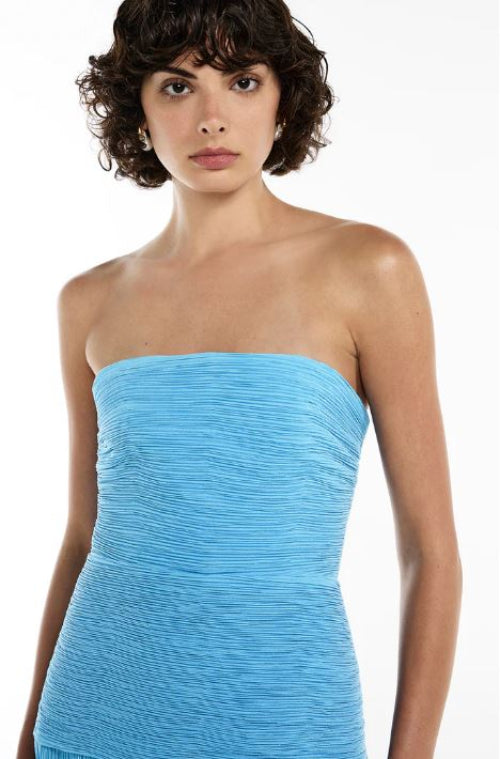 Manning Cartell Double Time Pleat Strapless Maxi Dress in Blue Close Up