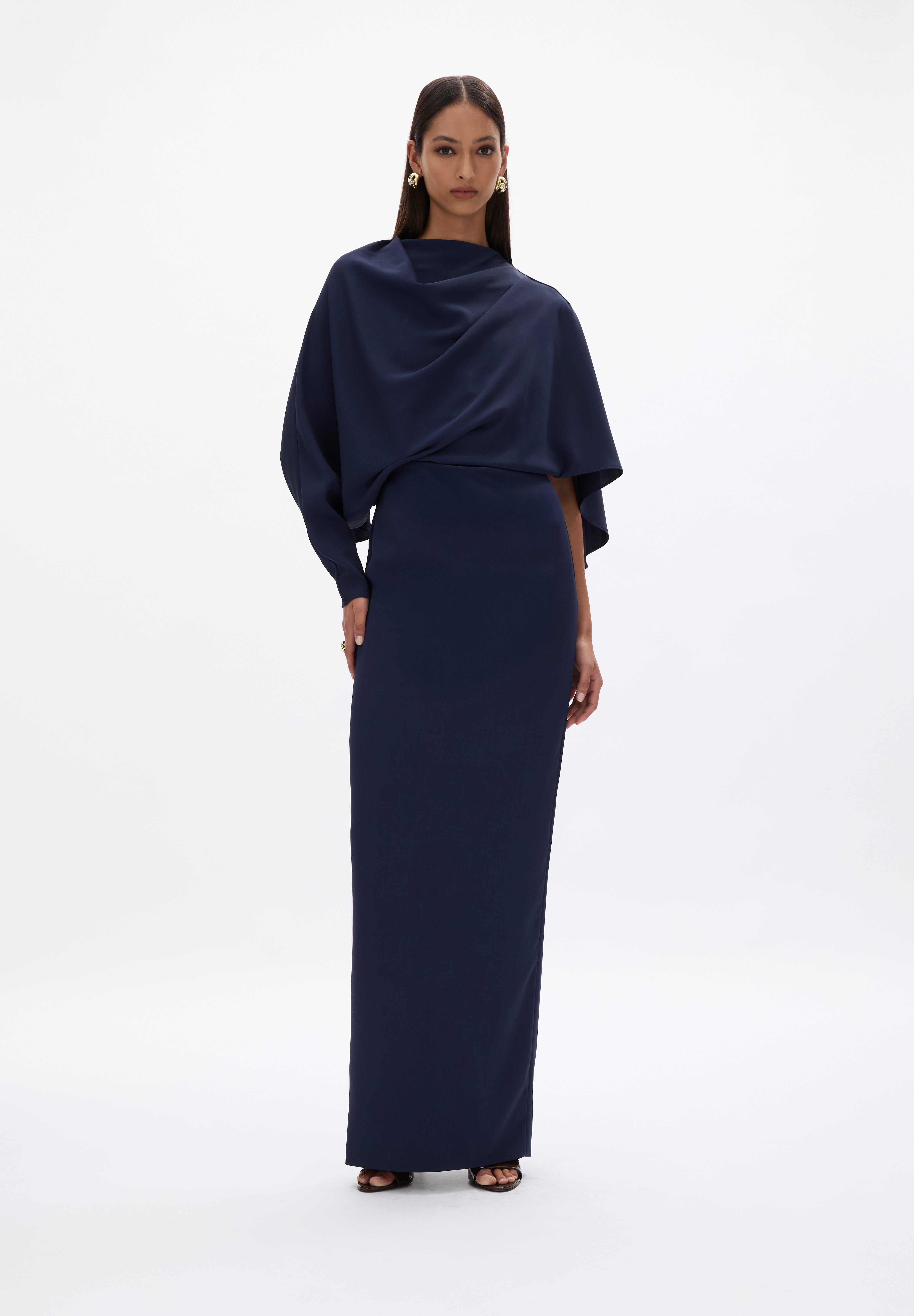 Rachel Gilbert Amaris Cape Gown in Navy Front View