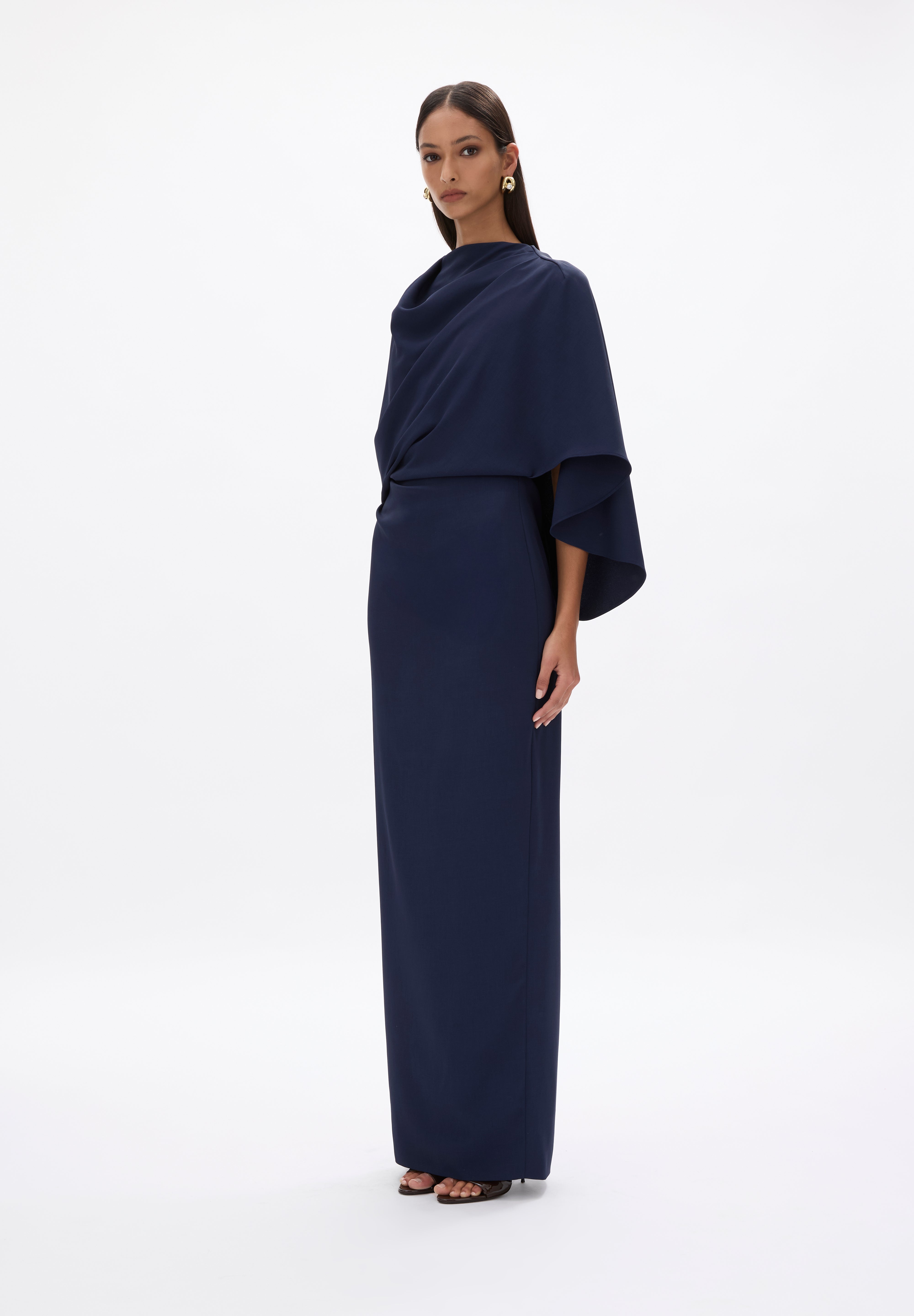 Rachel Gilbert Amaris Cape Gown in Navy Side View