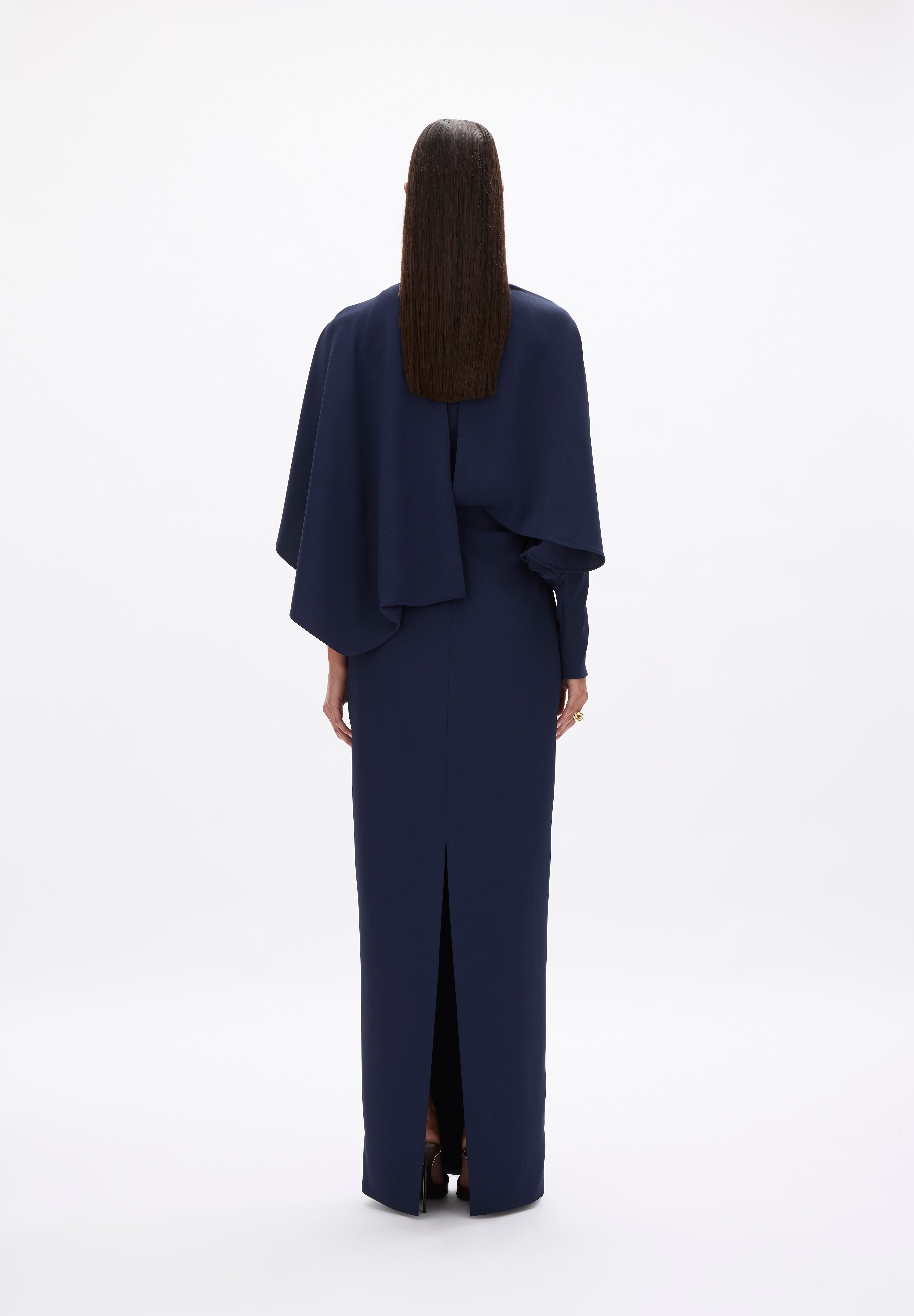 Rachel Gilbert Amaris Cape Gown in Navy Back View