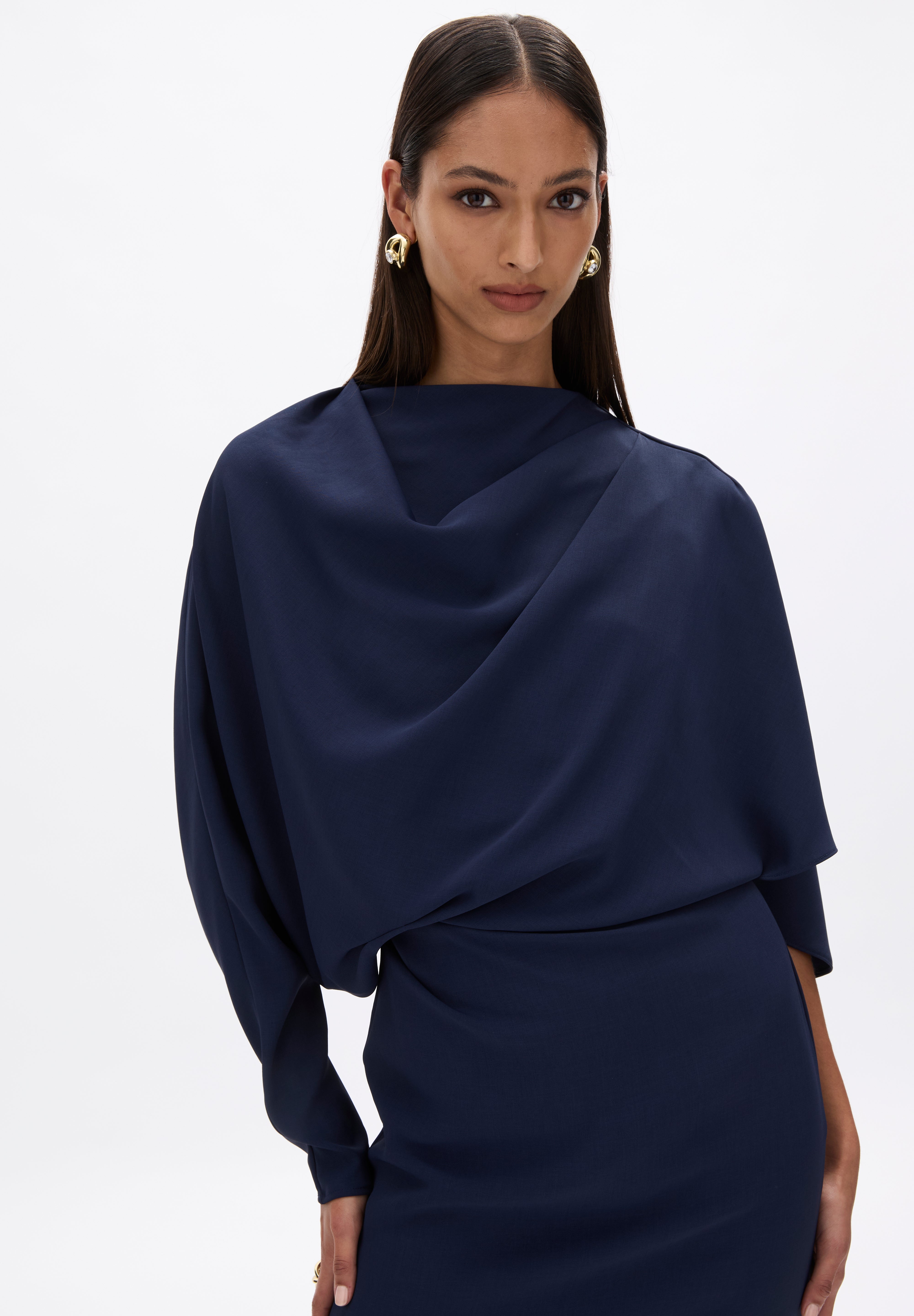 Rachel Gilbert Amaris Cape Gown in Navy Close Up