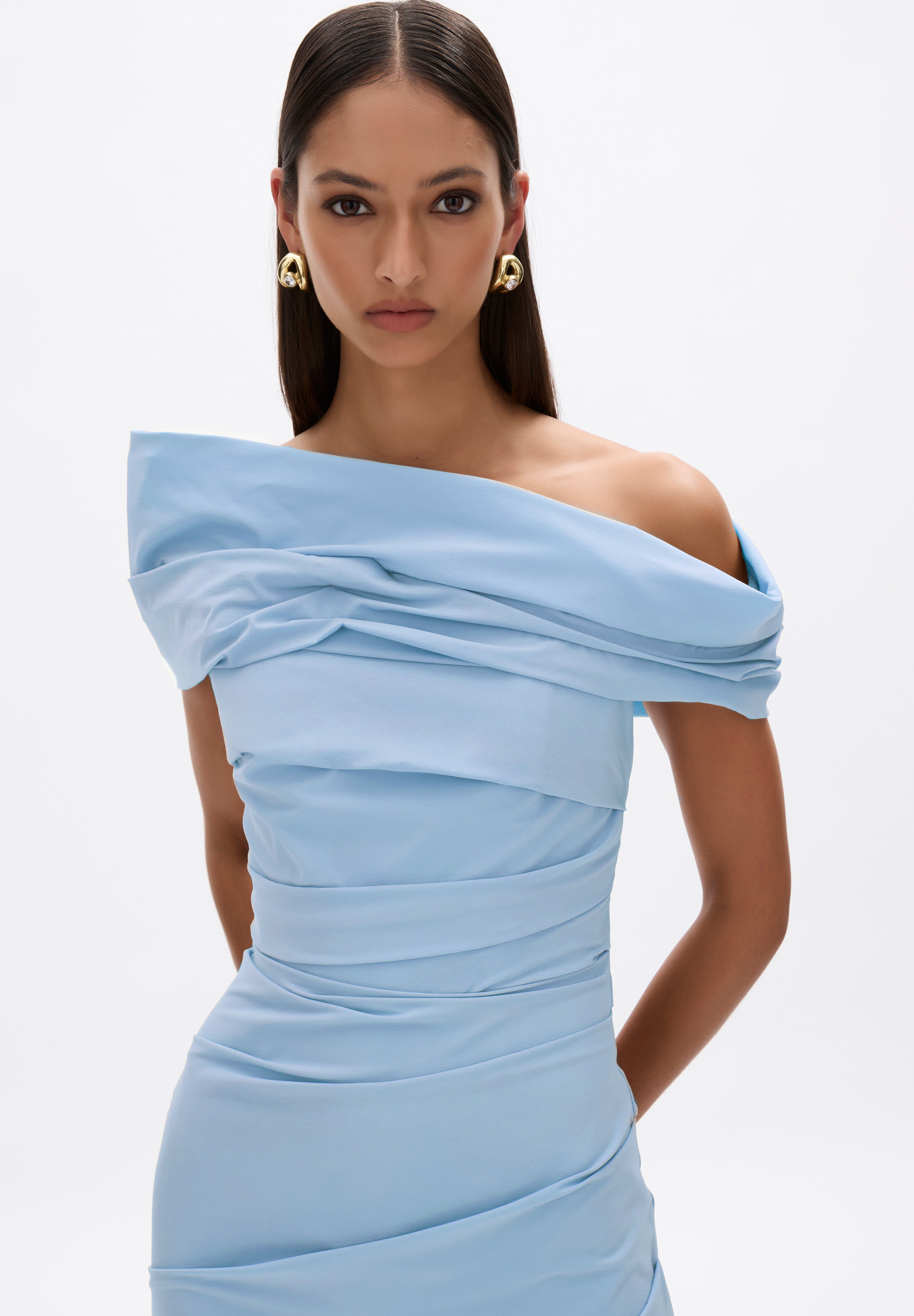 Rachel Gilbert Monique Gown in Sky Blue Close Up Modelled