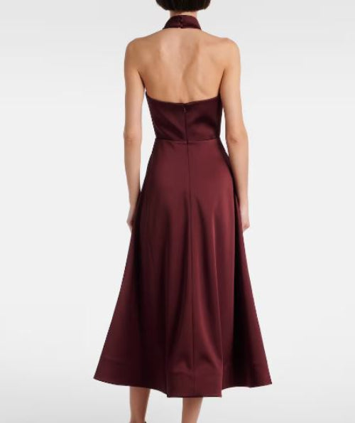 Rebecca Vallance Merlot Halter Midi Dress Modelled Back View