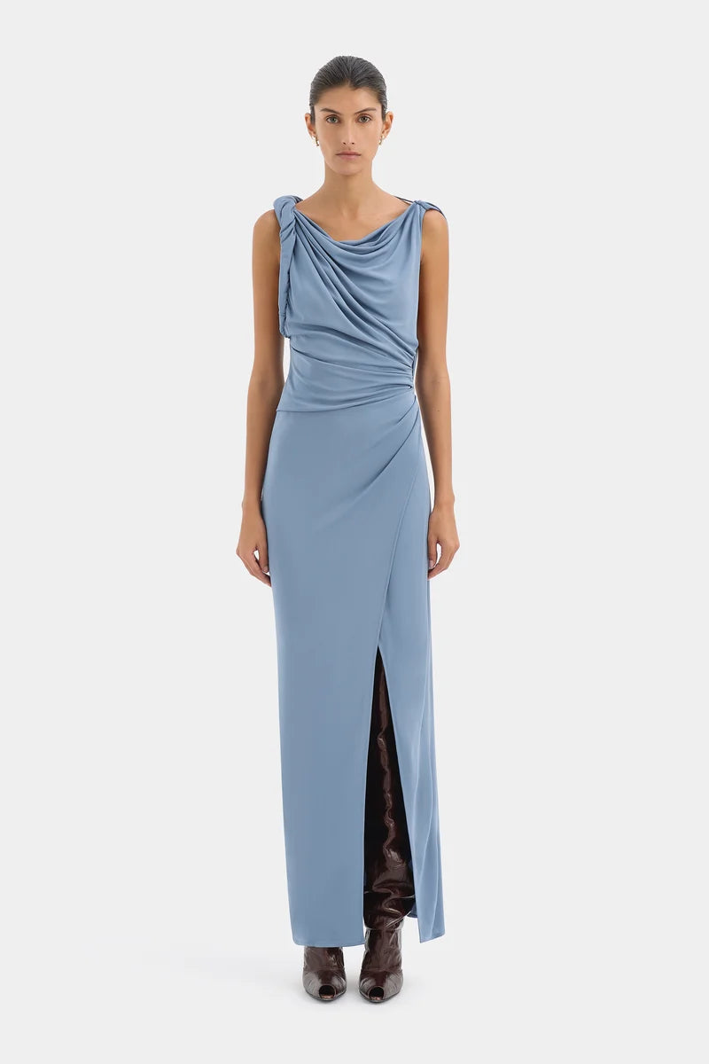 Sir Olenna Twist Low Back Gown in Dusty Blue Front View