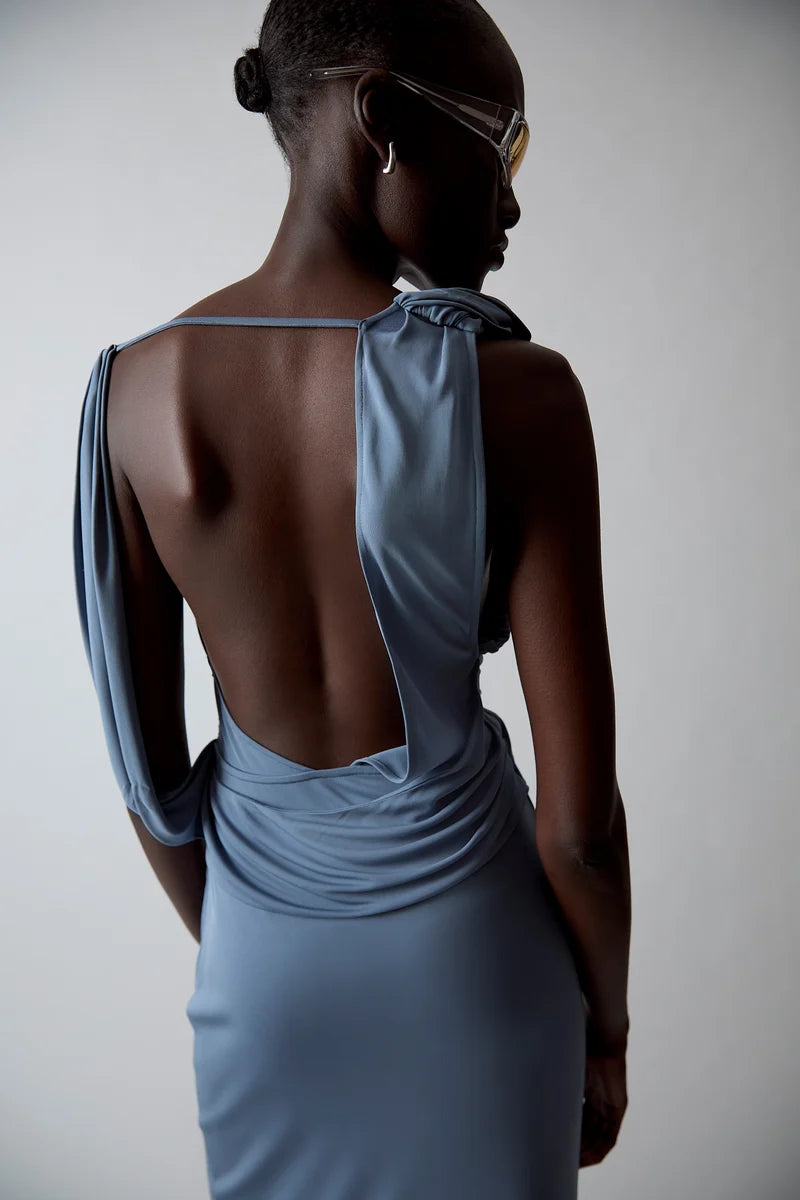 Sir Olenna Twist Low Back Gown in Dusty Blue Close Up Back View