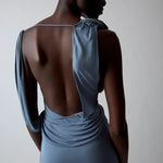 Sir Olenna Twist Low Back Gown in Dusty Blue Close Up Back View