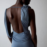 Sir Olenna Twist Low Back Gown in Dusty Blue Close Up Back View