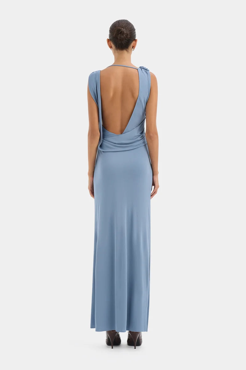 Sir Olenna Twist Low Back Gown in Dusty Blue Back View