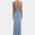 Sir Olenna Twist Low Back Gown in Dusty Blue Back View