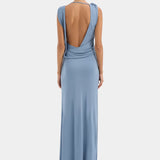 Sir Olenna Twist Low Back Gown in Dusty Blue Back View