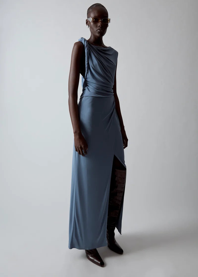 Sir Olenna Twist Low Back Gown in Dusty Blue Front View