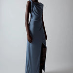 Sir Olenna Twist Low Back Gown in Dusty Blue Front View