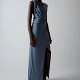 Sir Olenna Twist Low Back Gown in Dusty Blue Front View